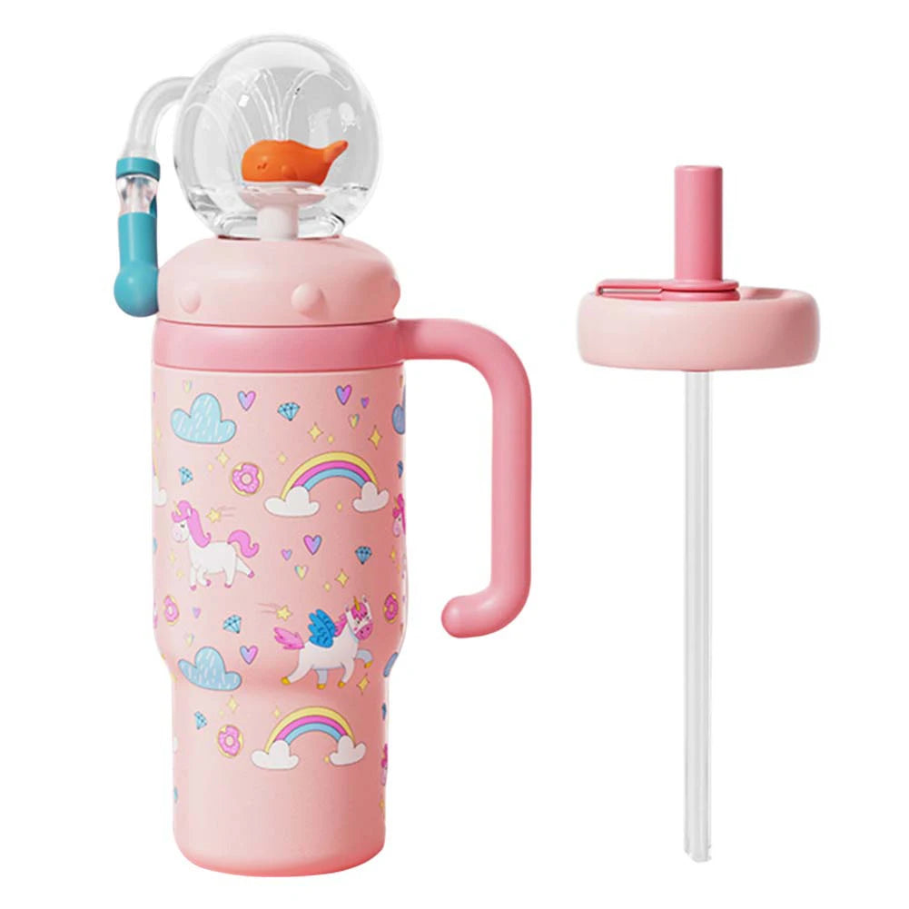 710ML Stainless Steel Whale Fountain Tumbler with Handle Leak Proof Whale Squirt Water Cup Bottle with Straw for Winter Summer