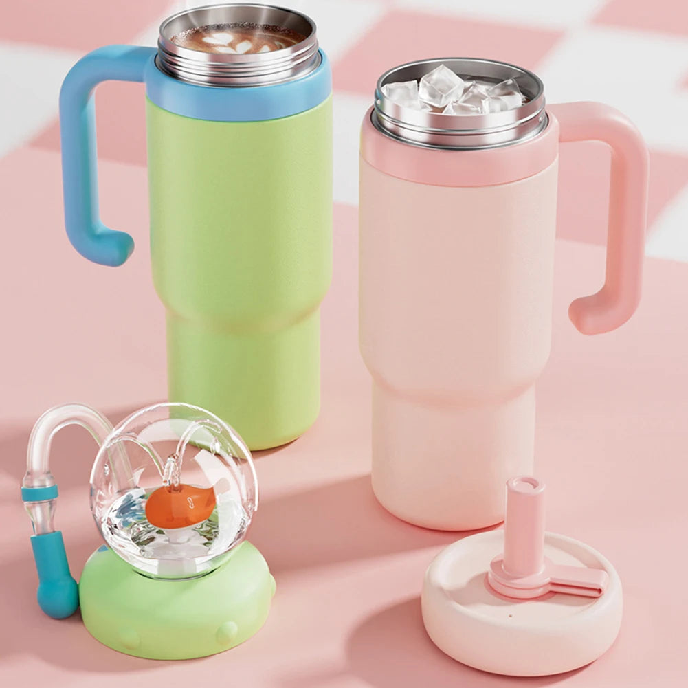 710ML Stainless Steel Whale Fountain Tumbler with Handle Leak Proof Whale Squirt Water Cup Bottle with Straw for Winter Summer