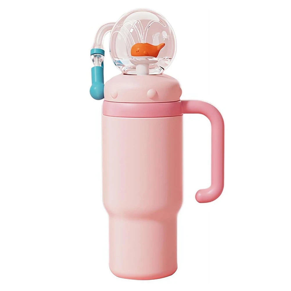 710ML Stainless Steel Whale Fountain Tumbler with Handle Leak Proof Whale Squirt Water Cup Bottle with Straw for Winter Summer