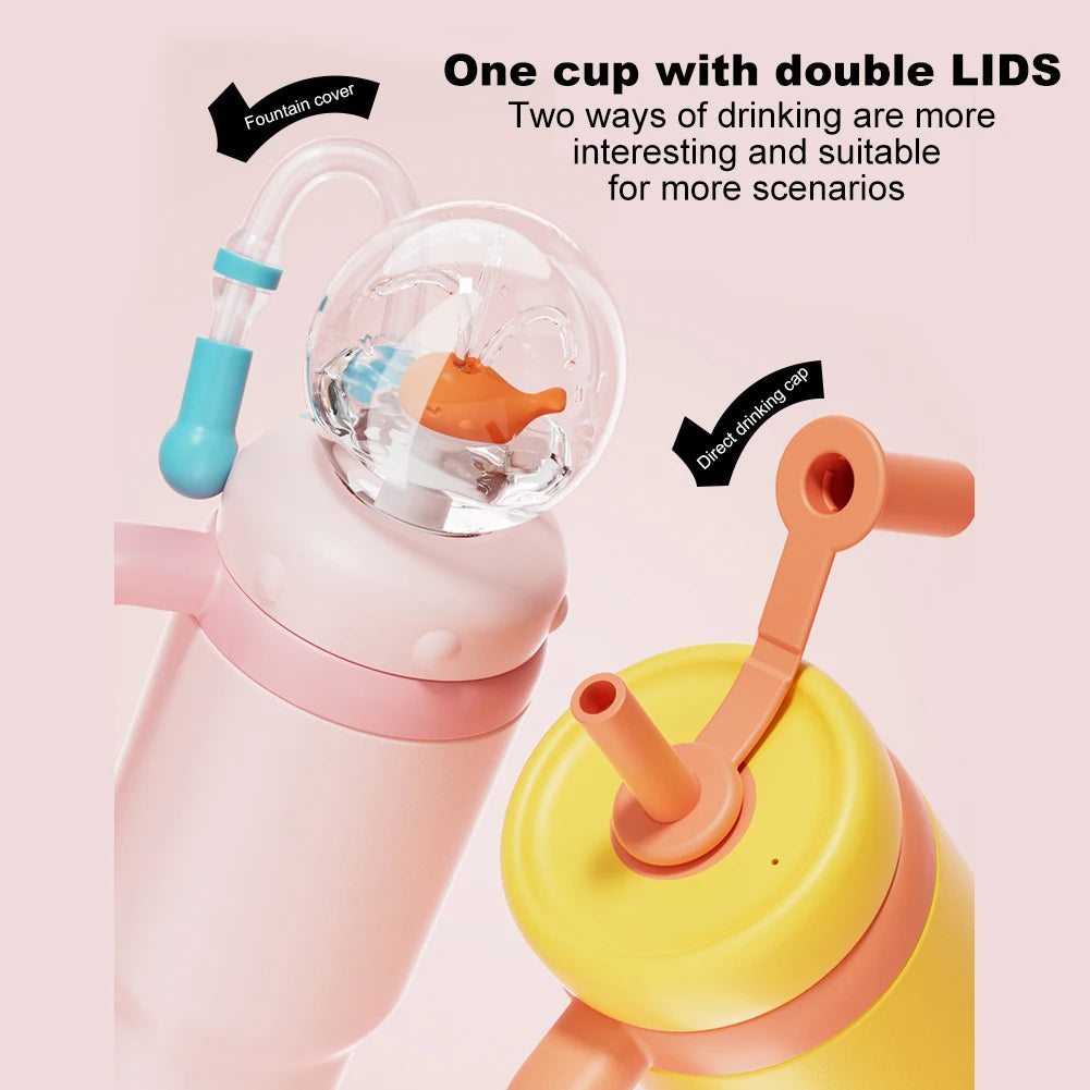 710ML Stainless Steel Whale Fountain Tumbler with Handle Leak Proof Whale Squirt Water Cup Bottle with Straw for Winter Summer