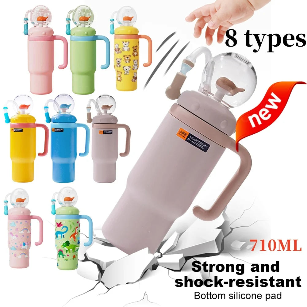 710ML Stainless Steel Whale Fountain Tumbler with Handle Leak Proof Whale Squirt Water Cup Bottle with Straw for Winter Summer