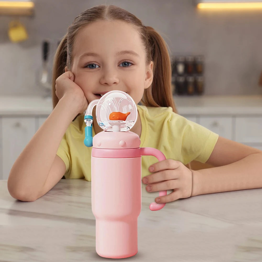 710ML Stainless Steel Whale Fountain Tumbler with Handle Leak Proof Whale Squirt Water Cup Bottle with Straw for Winter Summer
