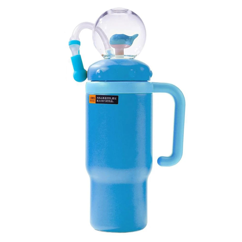 710ML Stainless Steel Whale Fountain Tumbler with Handle Leak Proof Whale Squirt Water Cup Bottle with Straw for Winter Summer